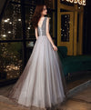 Shiny Aline Gray Tulle V Neck Sequin Long Prom Dress, Gray Formal Dress