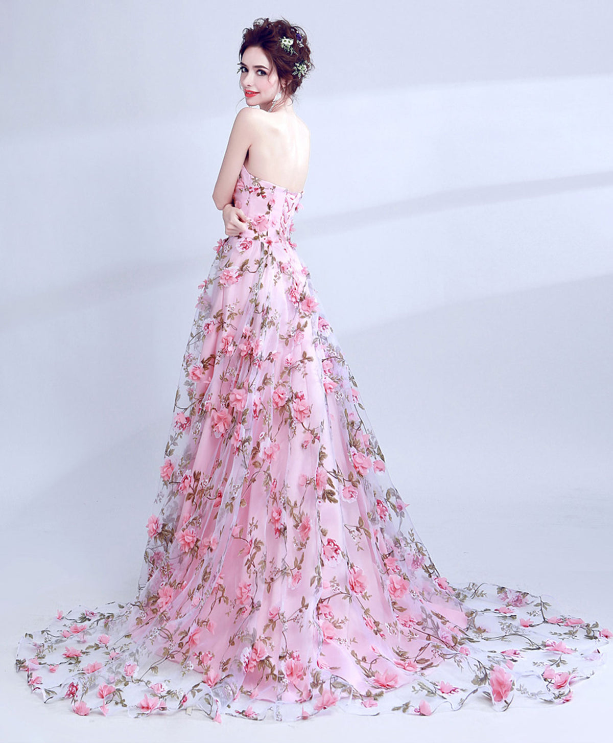 Pink Tulle 3D Flowers Long Prom Dress, Pink Long Graduation Dresses