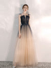 Champagne A line Tulle Sequin Long Prom Dress, Champagne Evening Dress
