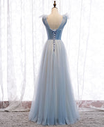 Simple Blue V Neck Tulle Long Prom Dress, Blue Formal Party Dresses
