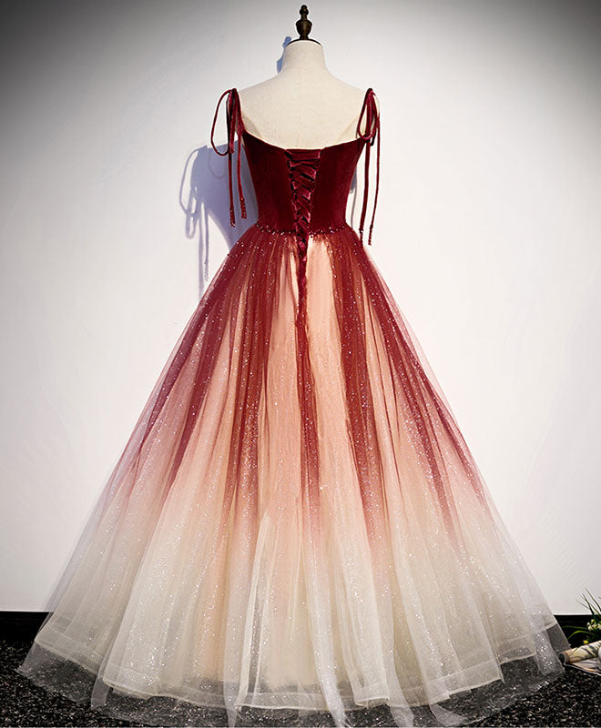 Burgundy Sweetheart Tulle Long Prom Dress Burgundy Evening Dress