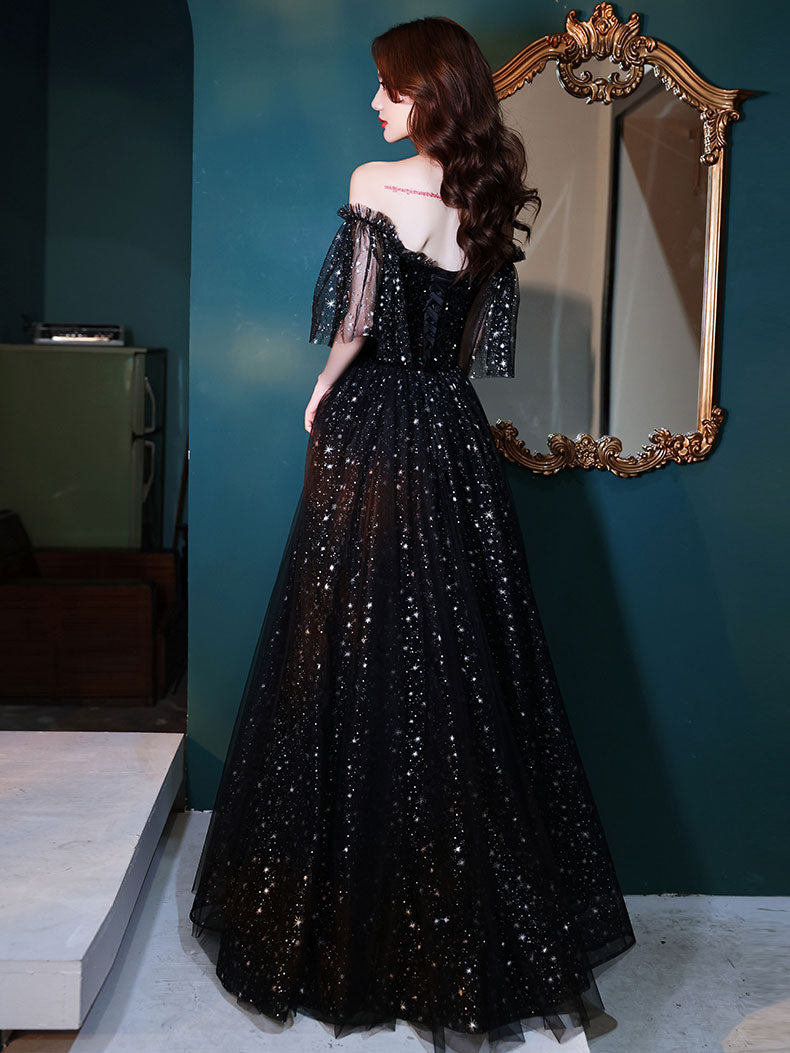 Black Tulle Off Shoulder Tulle Long Prom Dress Black Evening Dress
