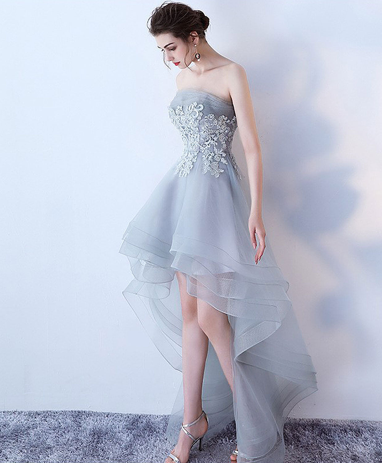 Gray Tulle Lace High Low Prom Dress, Cute Homecoming Dress – shopluu