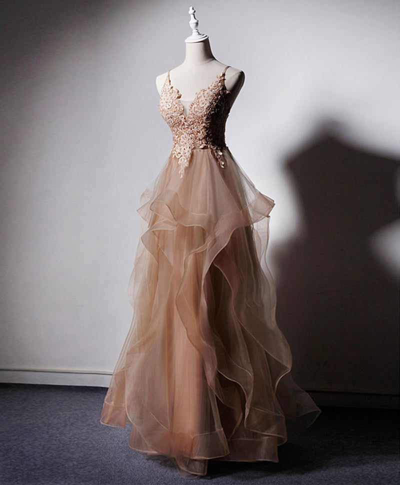 Champagne V Neck Tulle Lace Long Prom Dress, Champagne Graduation Dress