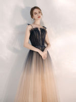 Champagne A line Tulle Sequin Long Prom Dress, Champagne Evening Dress