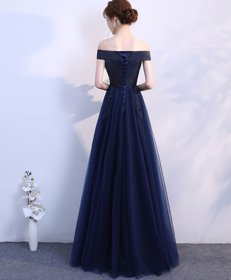 Dark Blue Off Shoulder Long Prom Dress, Blue Evening Dress