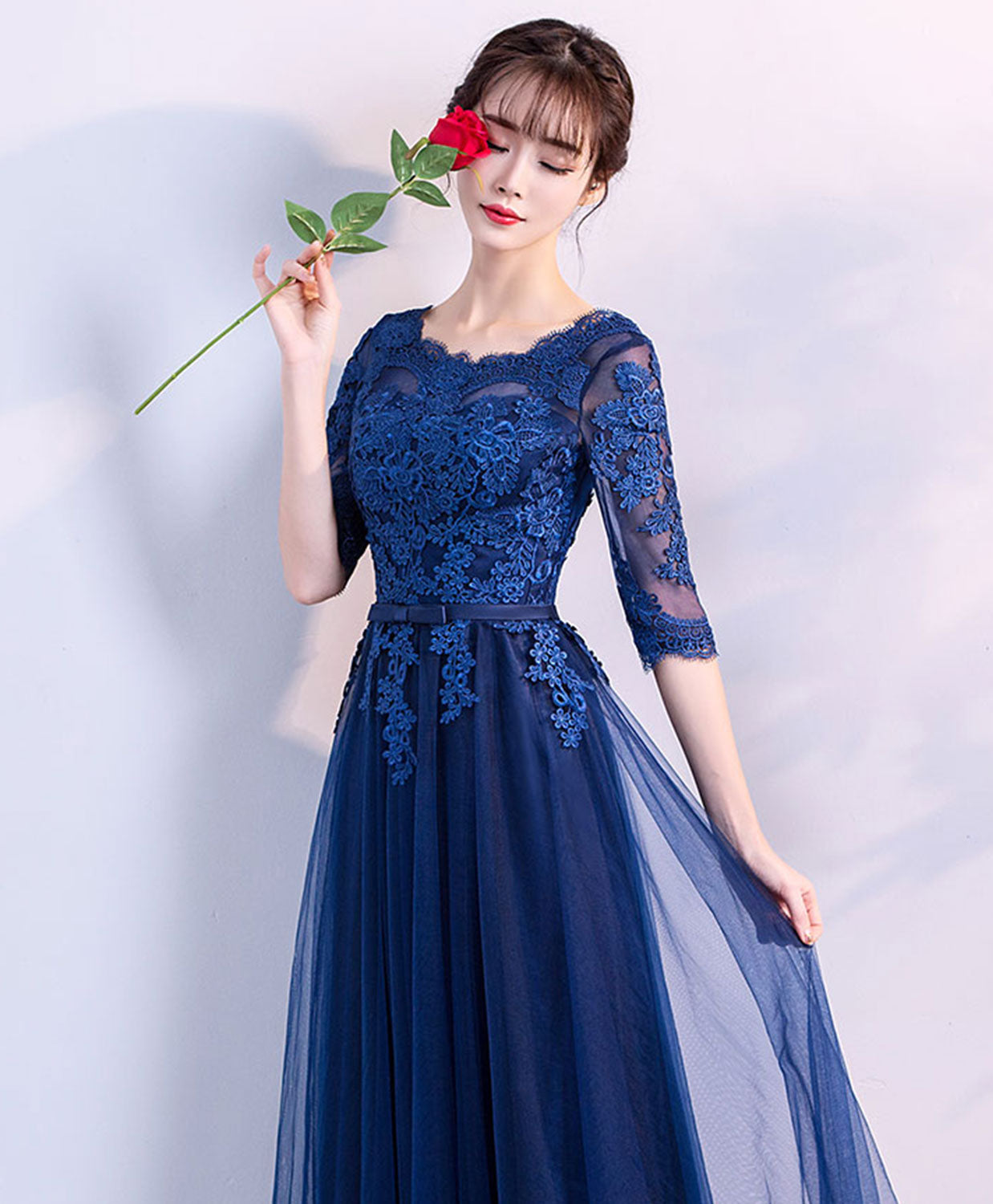 Blue Tulle Lace Long Prom Dress, Lace Evening Dress – shopluu