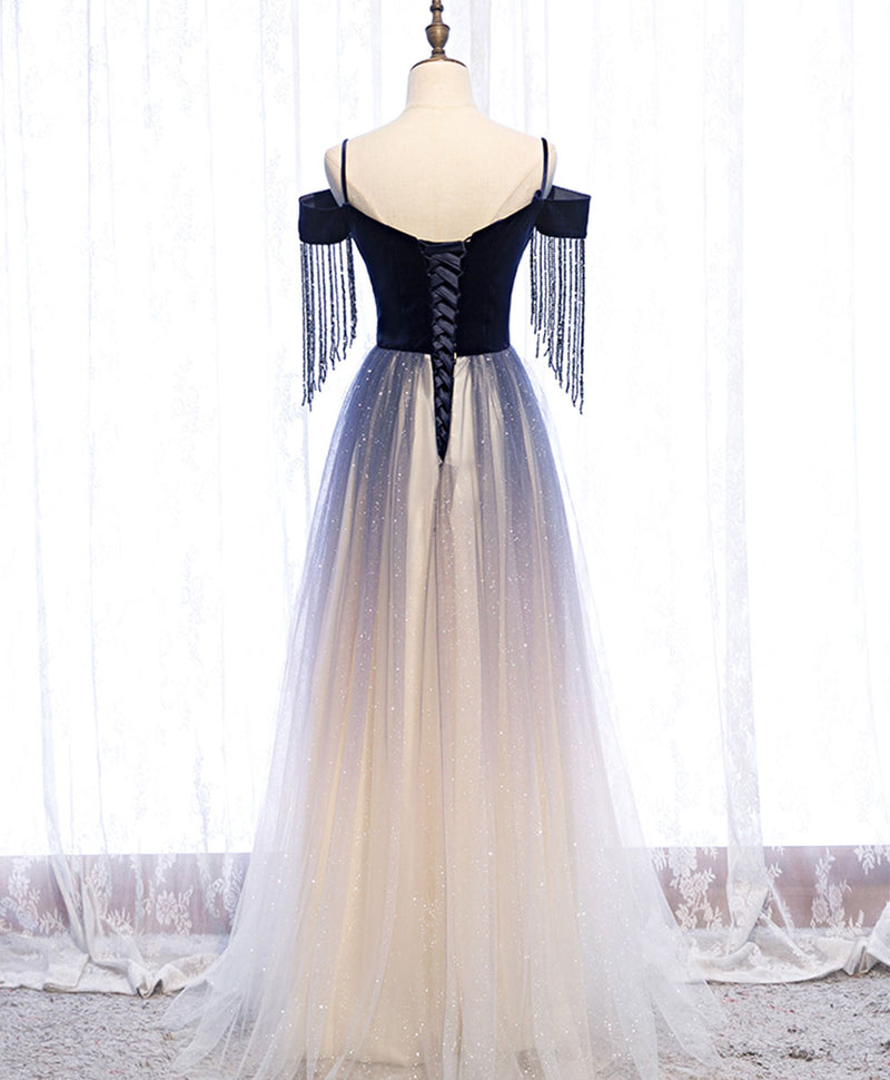 Blue Tulle Long Prom Dress Blue Tulle Formal Dress with Beading Velvet