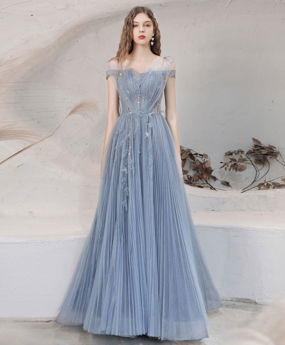 Blue Aline Off Shoulder Long Prom Dress, Blue Formal Graduation Dress with Beading