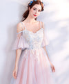 Unique Pink Tulle Lace Applique Long Prom Dress, Pink Formal Party Dresses