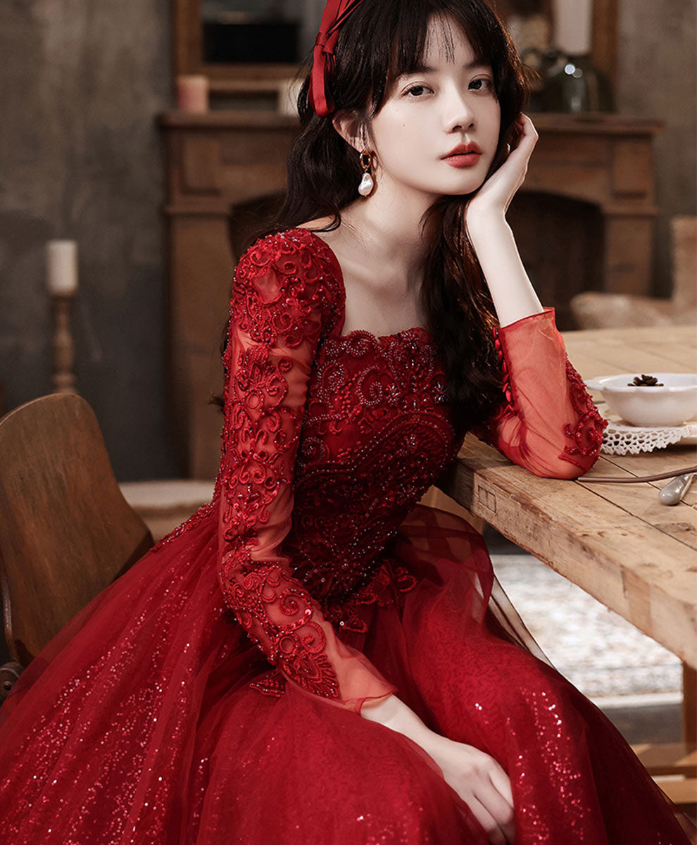 Burgundy Aline Lace Long Prom Dress, Burgundy Tulle Formal Graduation Dress