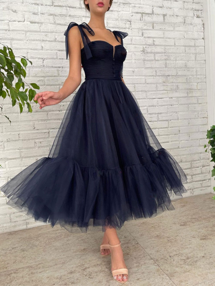 short tulle bridesmaid dresses Simple Blue Prom Dress, Tulle Short Puffy Dark Blue Homecoming Dress Colour:Custom Colour