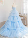 Blue Tulle Long Prom Dress, Blue Tulle Ball Gown Evening Dresses