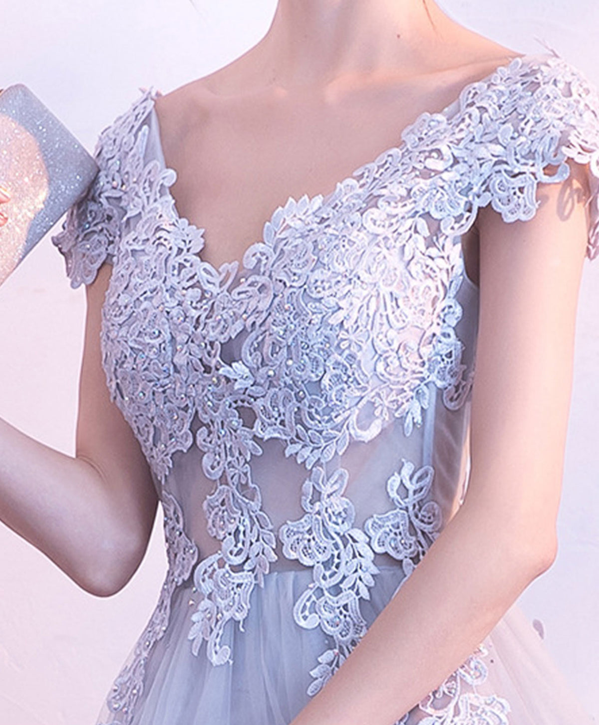 Gray V Neck Tulle Lace Long Prom Dress, Gray Evening Dress