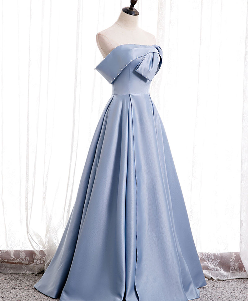 Simple Blue Off Shoulder Satin Long Prom Dress Blue Bridesmaid Dress