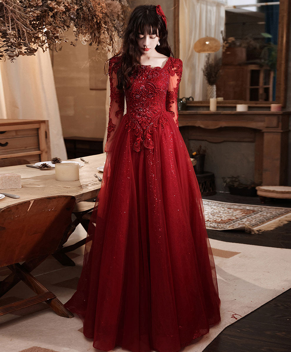 red lace graduation dress Burgundy Aline Long Prom Dress, Burgundy Tulle Formal style: cover-up dress