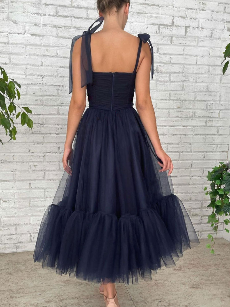 Simple Tulle Short Blue Prom Dress, Tulle Short Puffy Dark Blue Homecoming Dress