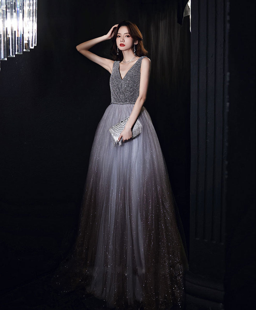 Shiny Aline Gray Tulle V Neck Sequin Long Prom Dress, Gray Formal Dres – shopluu