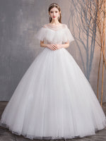 White Round Neck Tulle Long Wedding Dress, White Tulle Long Bridal Dress