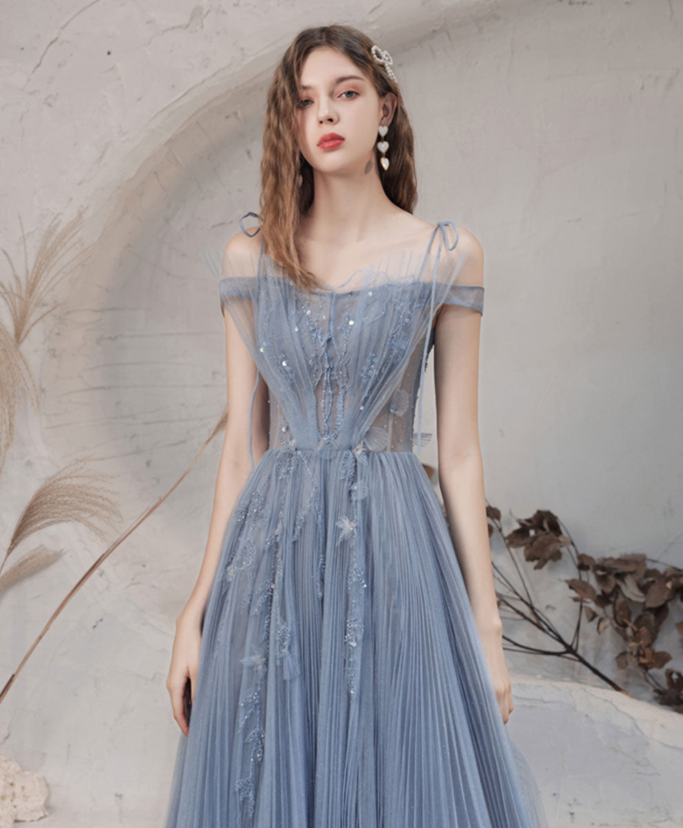 Blue Aline Off Shoulder Long Prom Dress, Blue Formal Graduation Dress with Beading