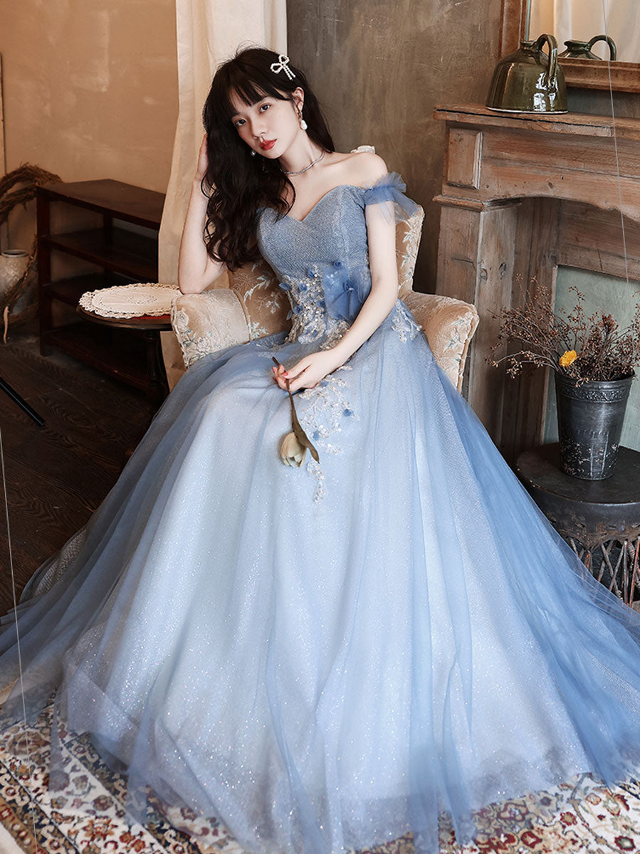 Blue Off Shoulder Tulle Long Prom Dress, Blue Tulle Formal Dress With Beading