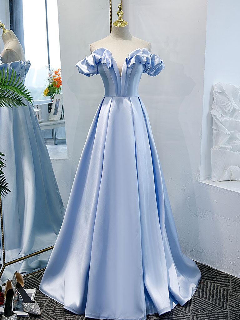 Blue A-line Off Shoulder Long Prom Dress, Blue Evening Dress