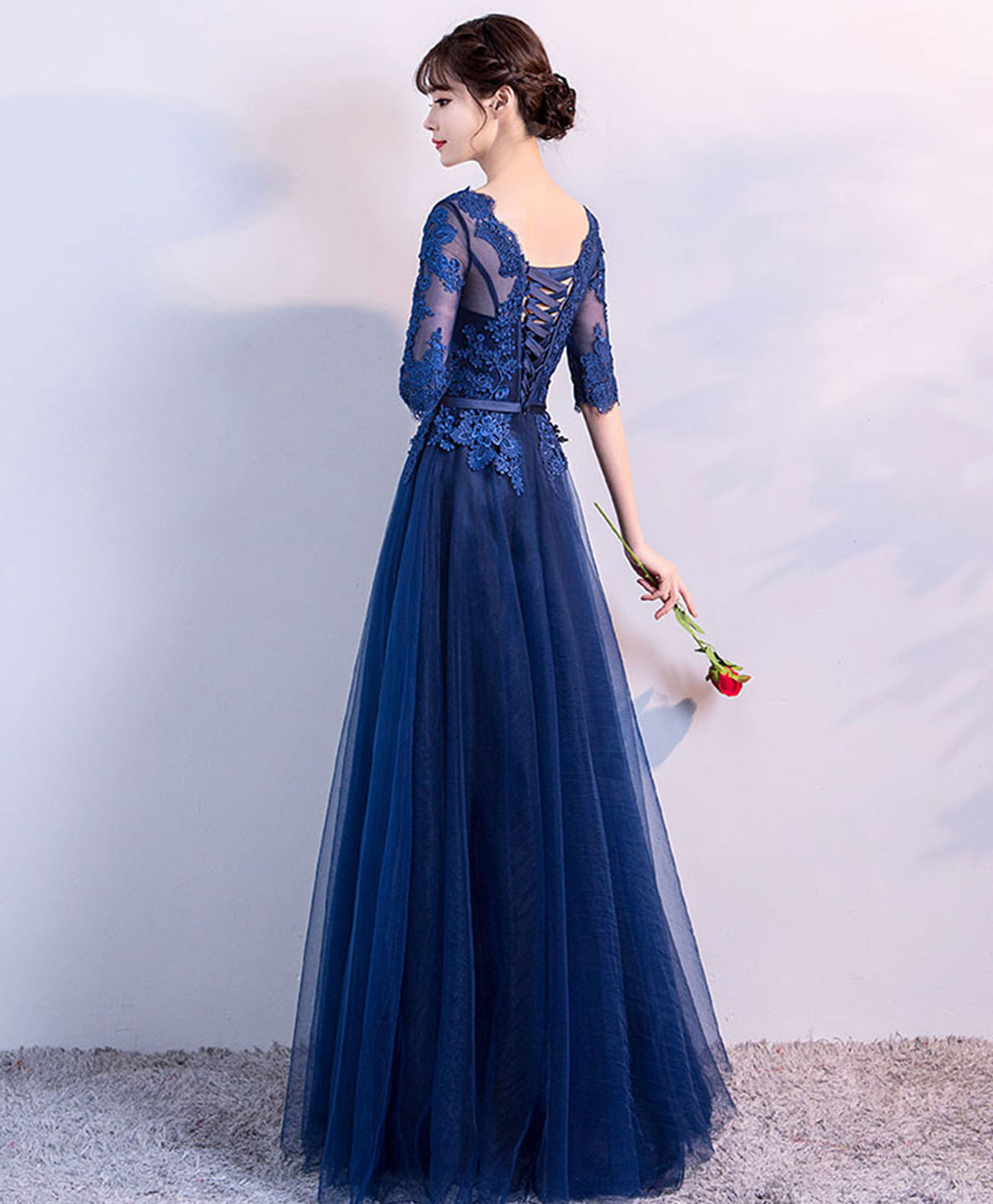 Blue Tulle Lace Long Prom Dress, Lace Evening Dress