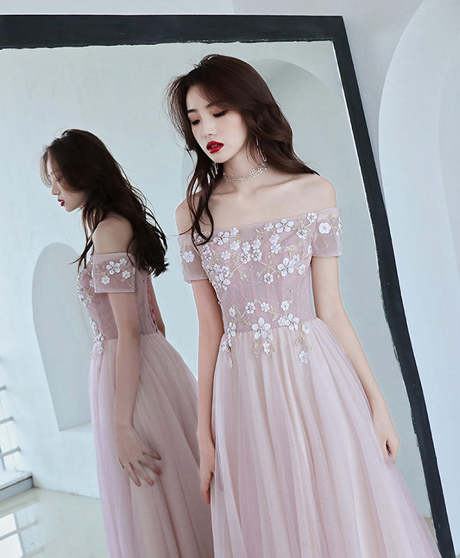 Pink Tulle Lace Long Prom Dress, Pink Bridesmaid Dress