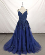 Dark Blue V Neck Tulle Lace Long Prom Dress Blue Lace Bridesmaid Dress