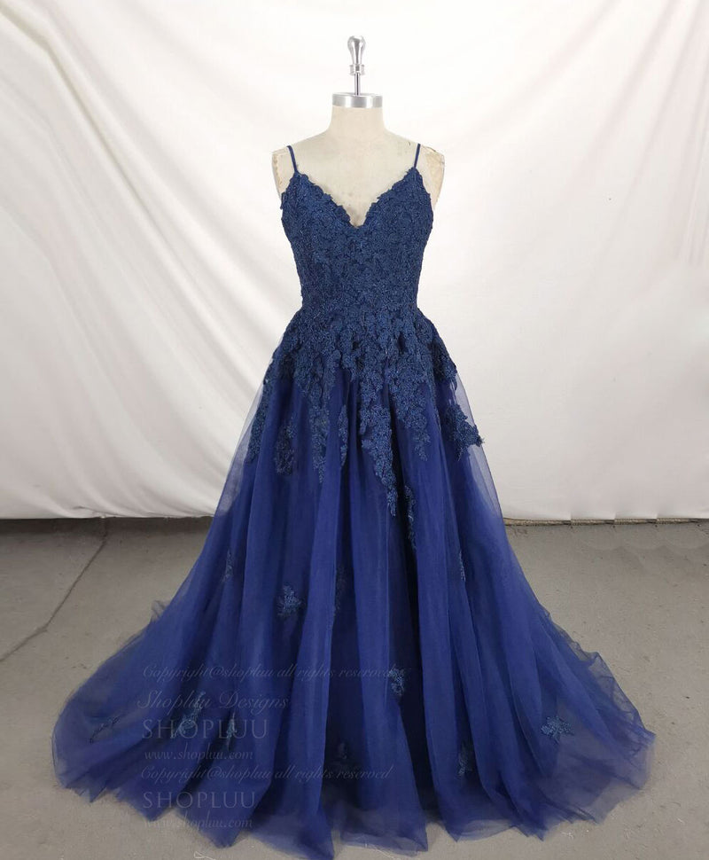Dark Blue V Neck Tulle Lace Long Prom Dress Blue Lace Bridesmaid Dress