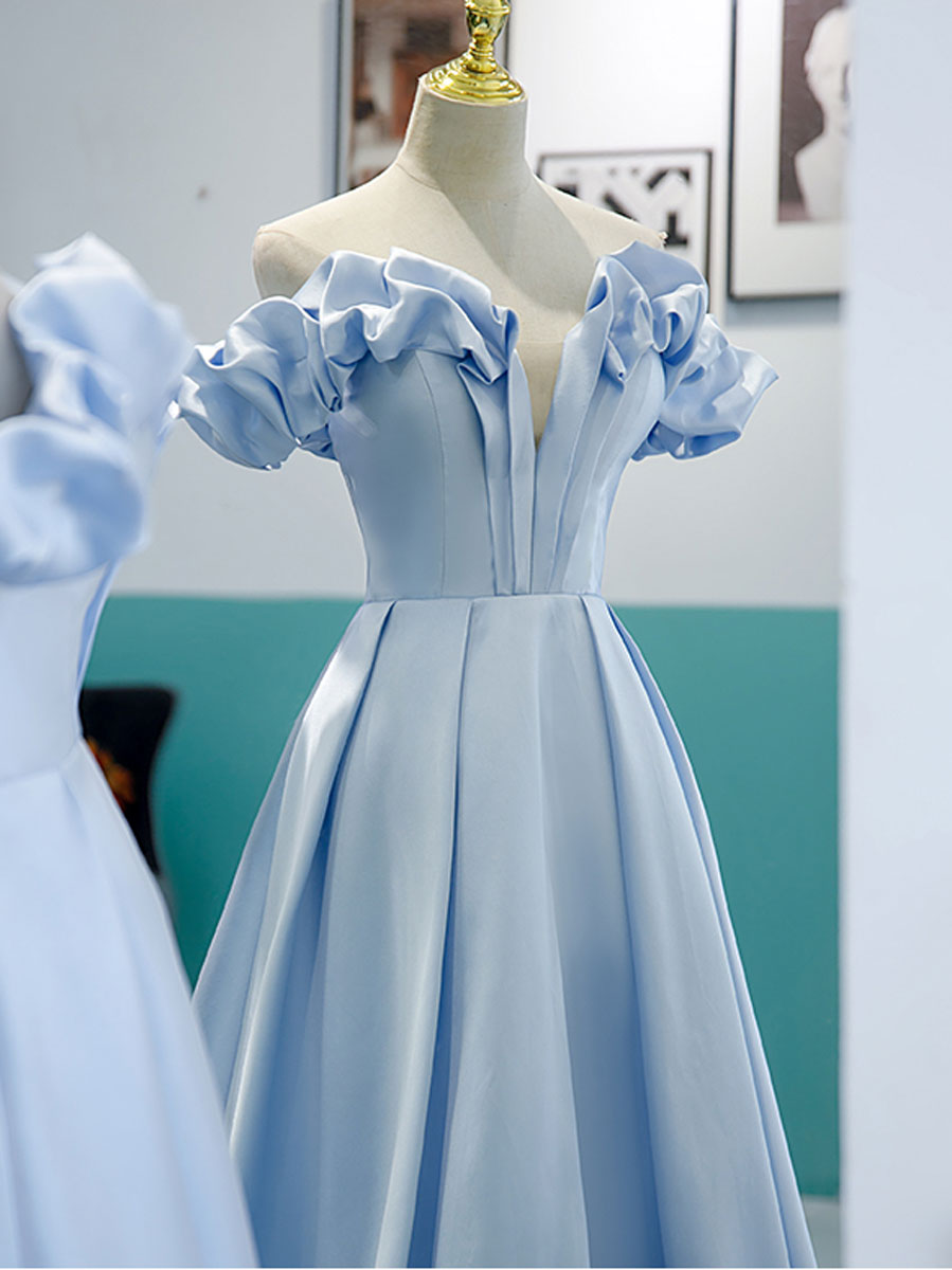 Blue A-line Off Shoulder Long Prom Dress, Blue Evening Dress