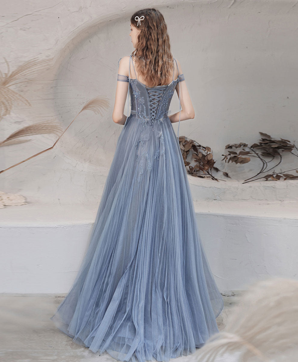 Blue Aline Off Shoulder Long Prom Dress, Blue Formal Graduation Dress with Beading