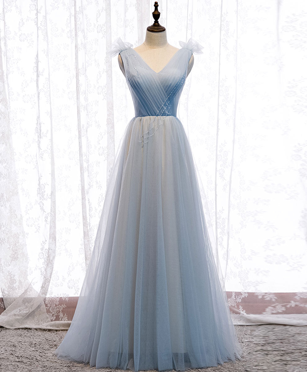Simple Blue V Neck Tulle Long Prom Dress, Blue Formal Party Dresses US 6 / Custom Color