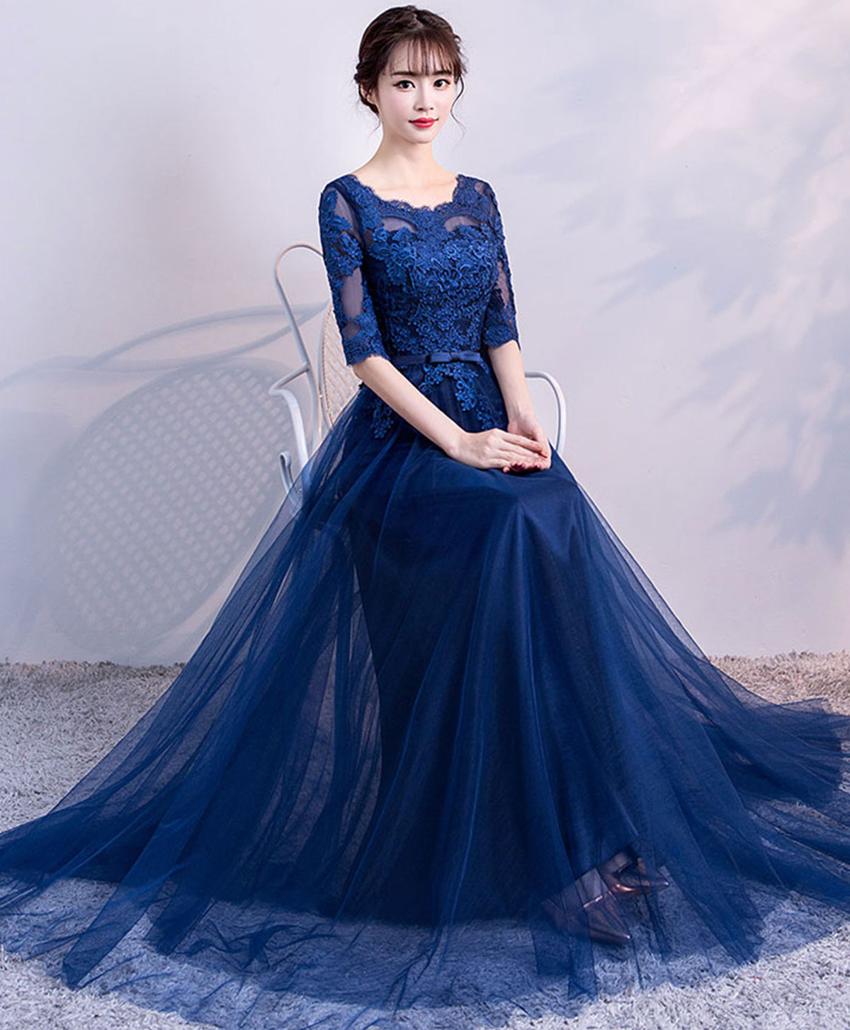Blue Tulle Lace Long Prom Dress, Lace Evening Dress