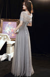 Gray A line Long Prom Dress, A line Formal Graduation Dress with Beading