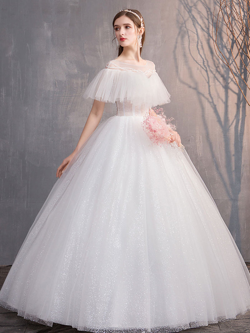 White Round Neck Tulle Long Wedding Dress, White Tulle Long Bridal Dress