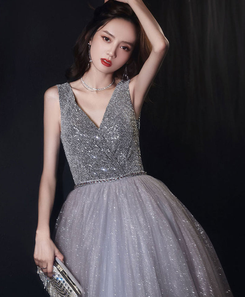 Shiny Aline Gray Tulle V Neck Sequin Long Prom Dress, Gray Formal Dress