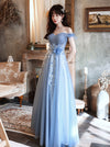 Blue Off Shoulder Tulle Long Prom Dress, Blue Tulle Formal Dress With Beading