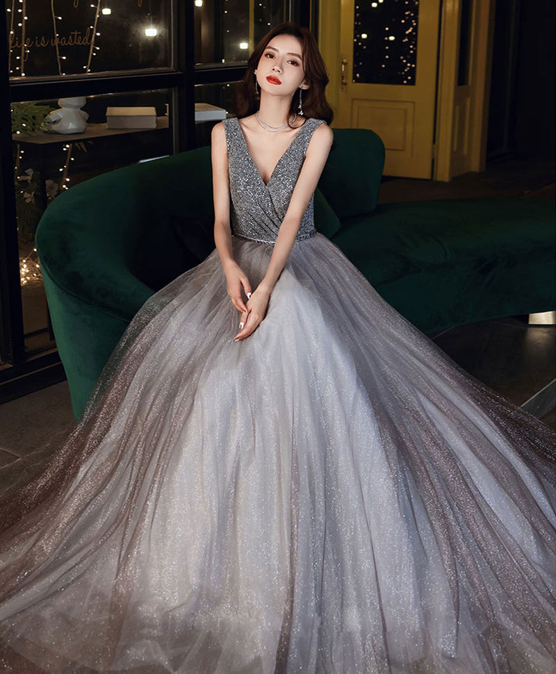 Shiny Aline Gray Tulle V Neck Sequin Long Prom Dress, Gray Formal Dress US 2 / Gray(As picture) Shiny Aline Gray Tulle V Neck Sequin Long Prom Dress, Gray Formal Dress US 2 / Gray(As picture)