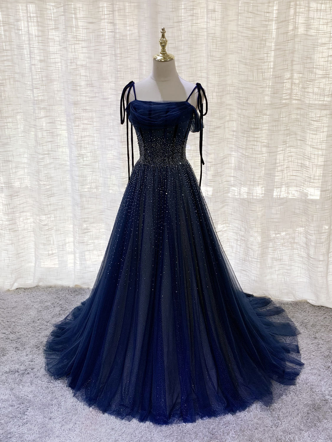 Dark Blue Tulle Sequin Long Prom Dress, Blue Tulle Formal Dress Custom Size / Dark Blue Dark Blue Tulle Sequin Long Prom Dress, Blue Tulle Formal Dress Custom Size / Dark Blue