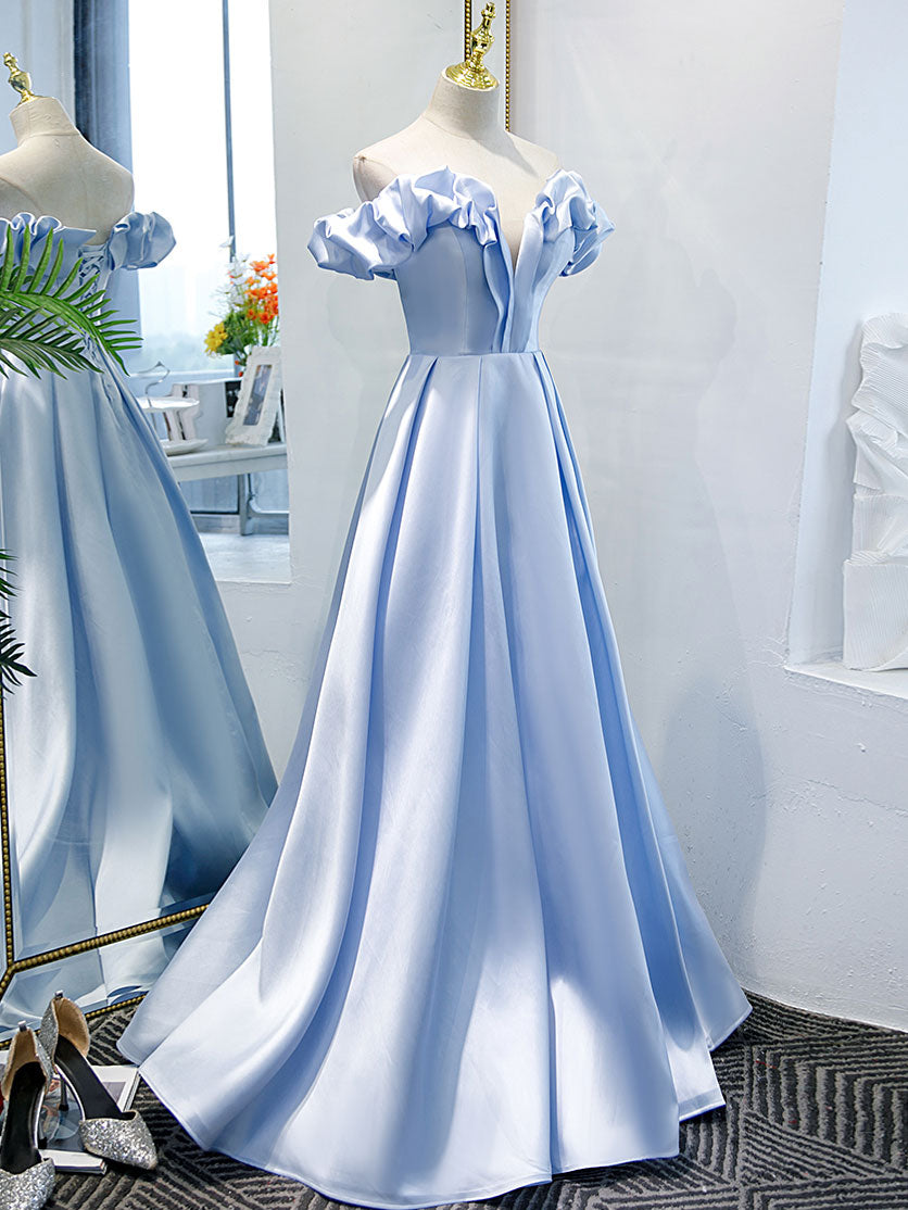 Blue A-line Off Shoulder Long Prom Dress, Blue Evening Dress