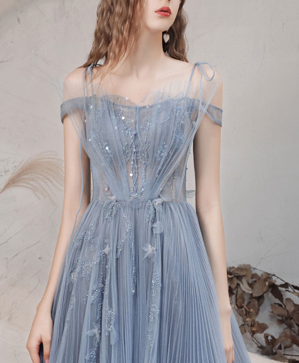 Blue Aline Off Shoulder Long Prom Dress, Blue Formal Graduation Dress with Beading