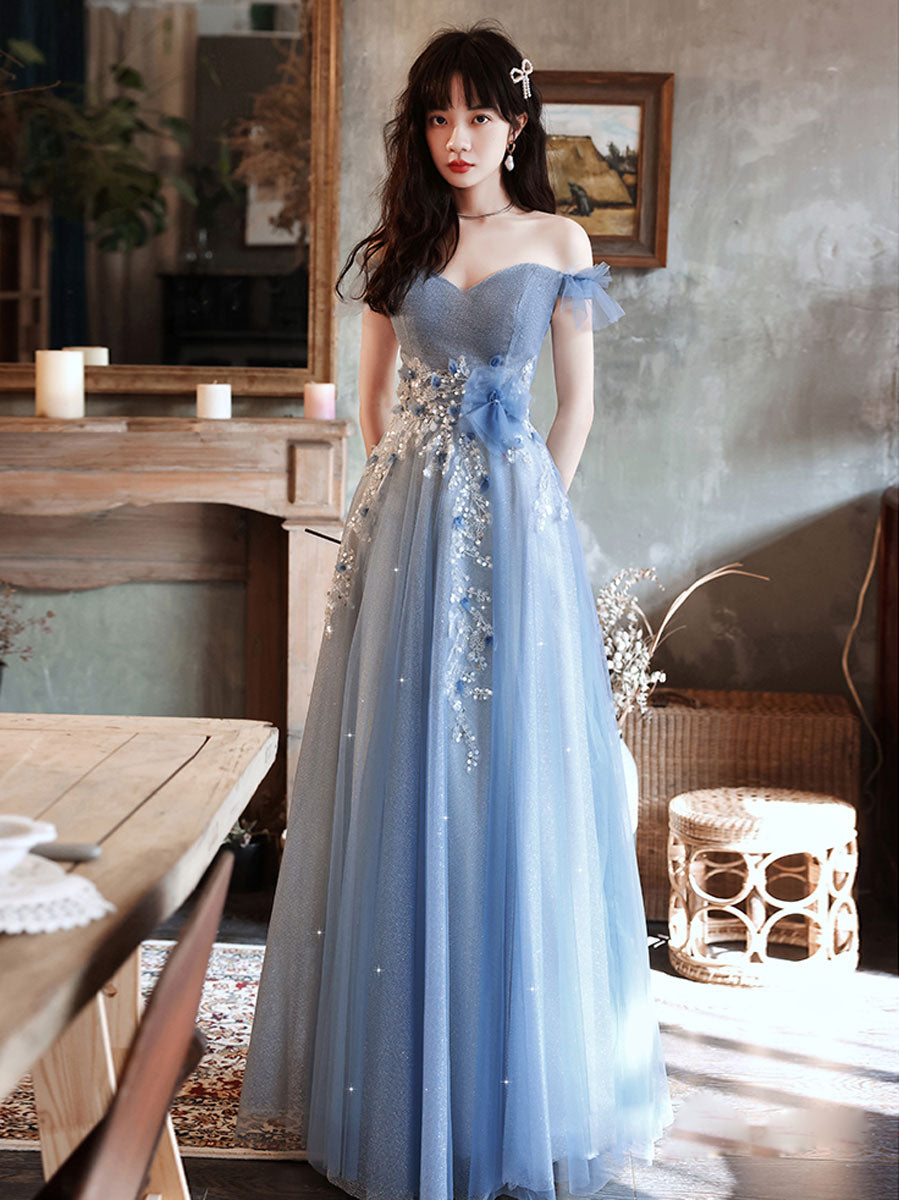 Beaded Dusty Blue Tulle Cap Sleeve Cute Long Prom Gown