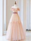 A-Line Off Shoulder Tulle Long Prom Dress, Champagne Formal Dress