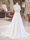 White V Neck Lace Chiffon Long Wedding Dress, Beach Wedding Dress