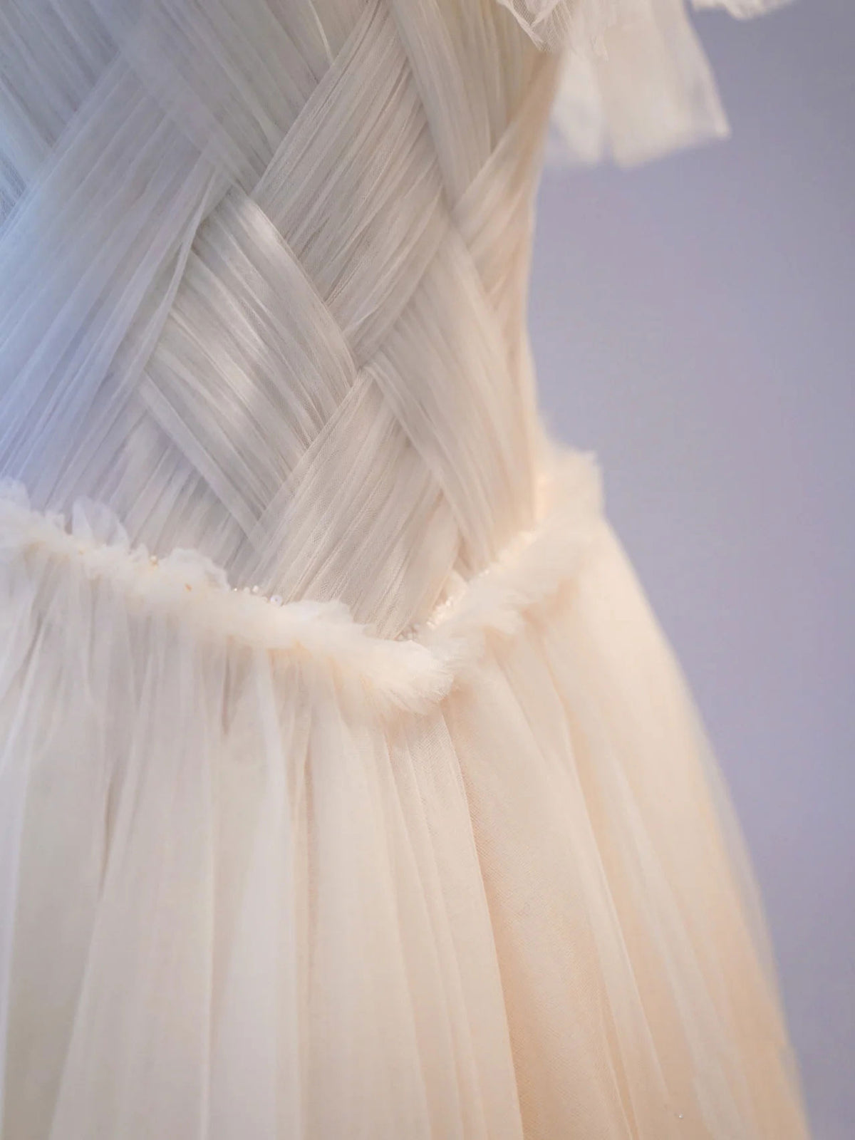 A-Line Light Champagne Tulle Long Prom Dress, Tulle Formal Wedding Party Dress