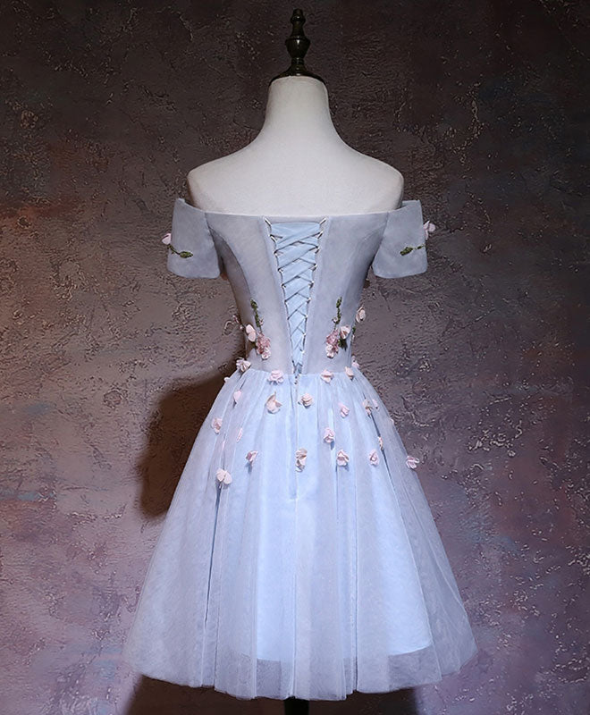 Cute Gray Blue Tulle Short Prom Dress, Gray Blue Homecoming Dress