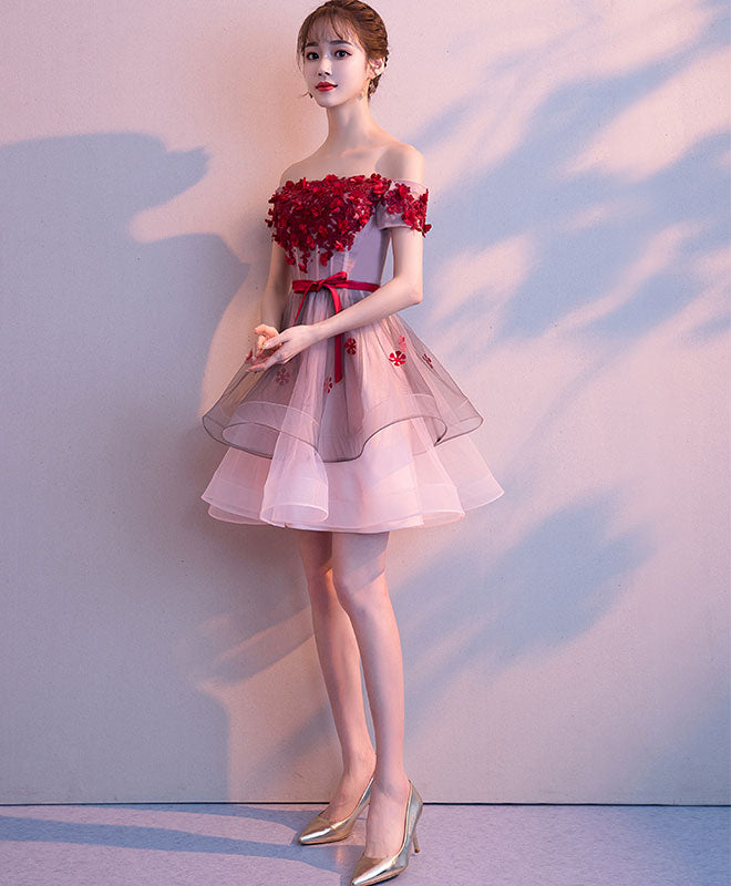 Pink Tulle Lace Short Prom Dress, Pink Tulle Homecoming Dress