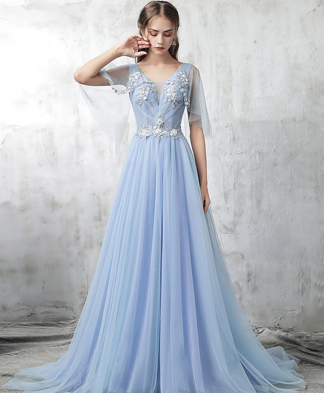 Blue V Neck Tulle Lace Applique Long Prom Dress, Blue Evening Dress