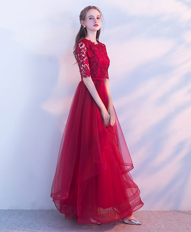 Burgundy Tulle Lace Long Prom Dress, Burgundy Tulle Evening Dress